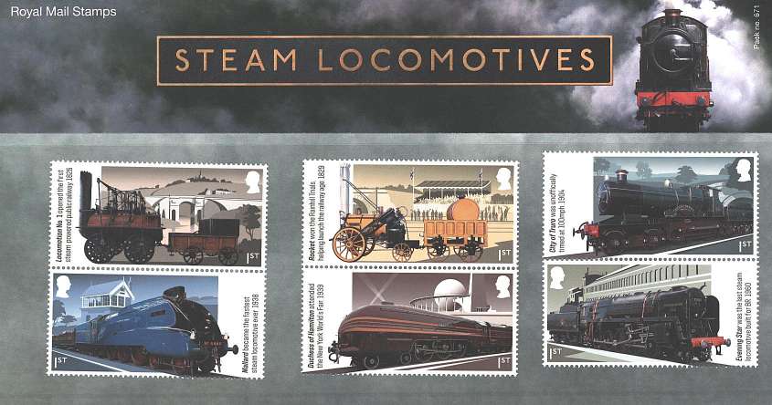 Stamp Image: view larger back view image for Steam Locomotives - Trains<br/>
Note this pack is double sided set on one side, minisheet on other <br/><br/>
Pack: 671
