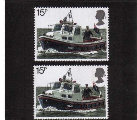 view larger image for SG 1103var (1979) - Metropolitan Police the 15p stamp superb unmounted mint multiple minor colour shifts that complete distorts the sea waves making that area of the design indistinct. Winth normal for comparison. Unusual.