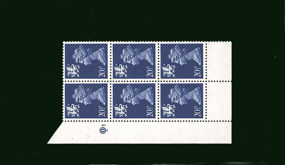 view larger image for SG W53 (1983) - 20½p Ultramarine<br/>
in a superb unmounted mint cylinder block of six showing Cylinder 1