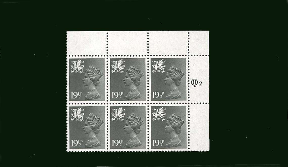 view larger image for SG W51 (1982) - 19½p Olive-Grey<br/>
in a superb unmounted mint cylinder block of six showing Cylinder 2