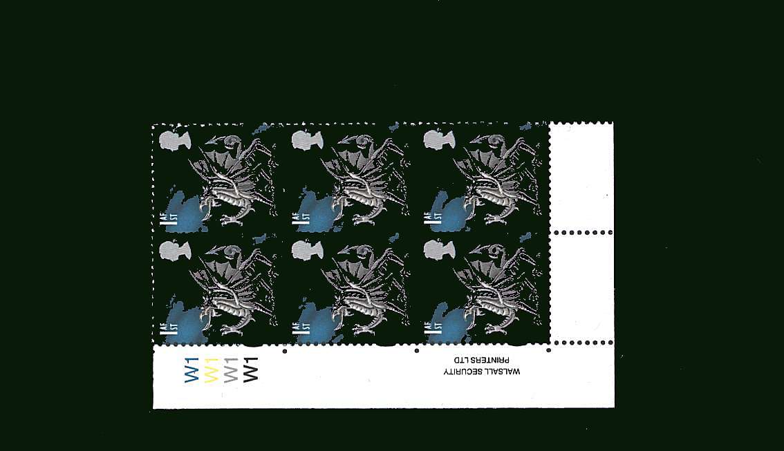 view larger image for SG W84 (1999) - 1st Class Multicoloured<br/>
in a superb unmounted mint cylinder block of six showing
Cylinder W1 W1 W1 W1