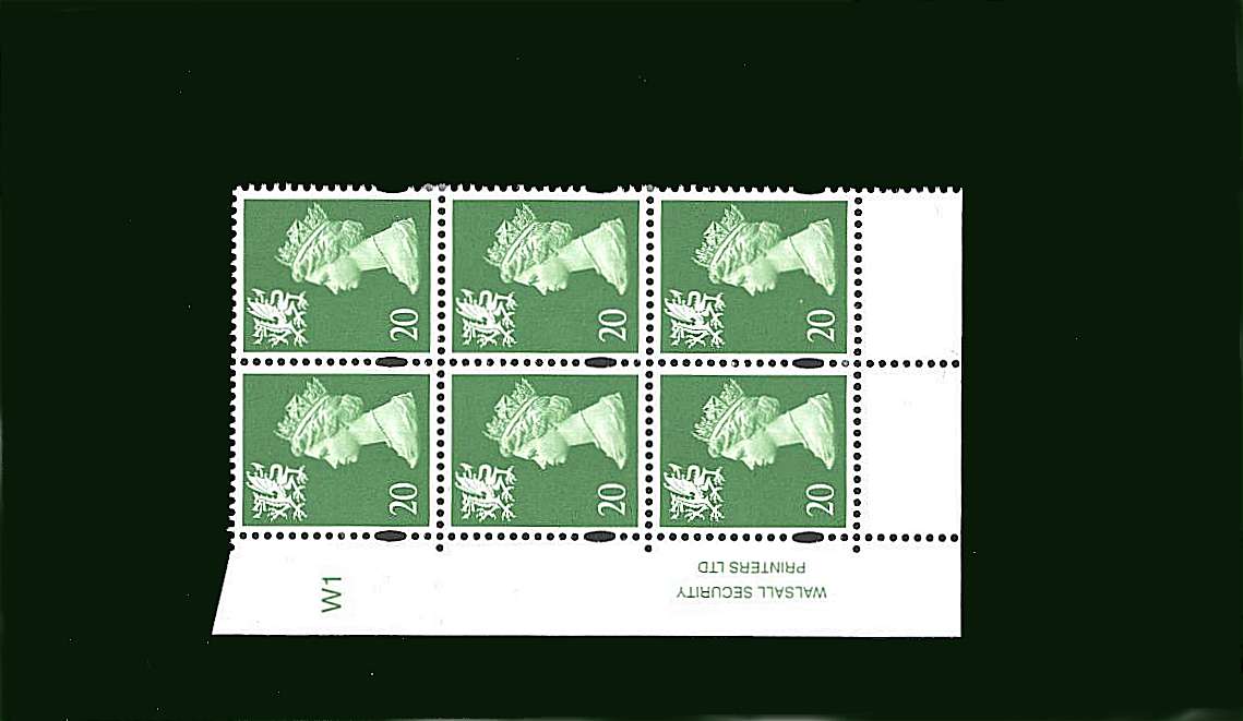 view larger image for SG W79 (1997) - 20p Bright Green - Centre Band<br/>in a superb unmounted mint cylinder block of six showing Cylinder W1