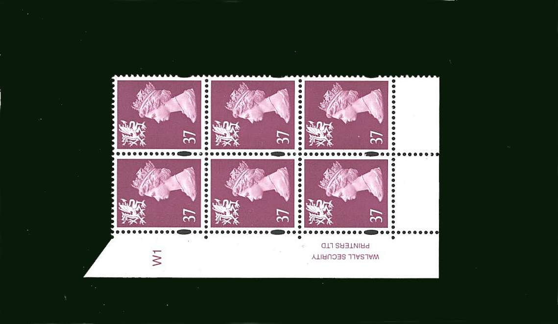 view larger image for SG W81 (1997) - 37p Bright Mauve - 2 Bands<br/>in a superb unmounted mint cylinder block of six showing Cylinder W1