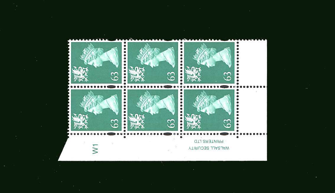 view larger image for SG W82 (1997) - 63p Light Emerald - 2 Bands<br/>in a superb unmounted mint cylinder block of six showing Cylinder W1