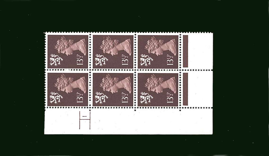 view larger image for SG S34 (1980) - 13½p Purple-Brown - Phosphorised paper<br/>in a superb unmounted mint cylinder block of six showing Cylinder 1 NO DOT