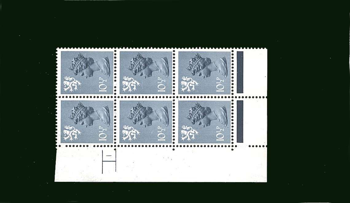 view larger image for SG S31 (1978) - 10½p Steel-Blue<br/>in a superb unmounted mint cylinder block of six showing Cylinder 1 NO DOT