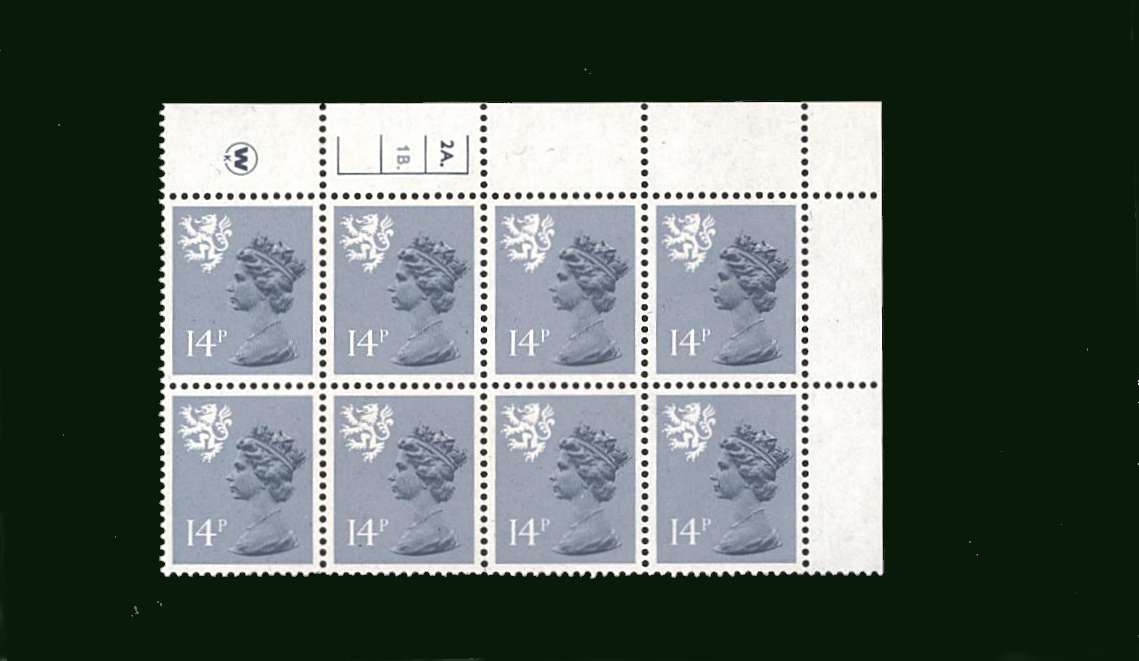 view larger image for SG S40 (1981) - 14p Grey-Blue<br/>in a superb unmounted mint cylinder block of eight showing Cylinder 2A DOT 1B DOT