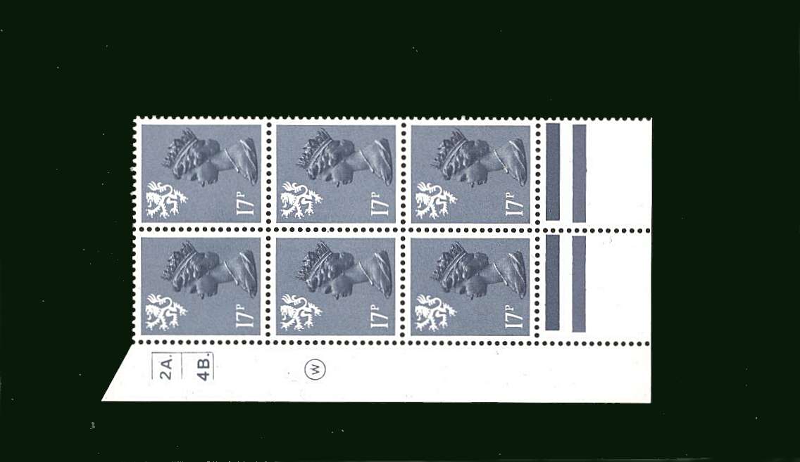 view larger image for SG S43Ea (1985) - 17p Grey-Blue - Type 2 <br/>in a superb unmounted mint cylinder block of six showing Cylinder 2A DOT 4B DOT