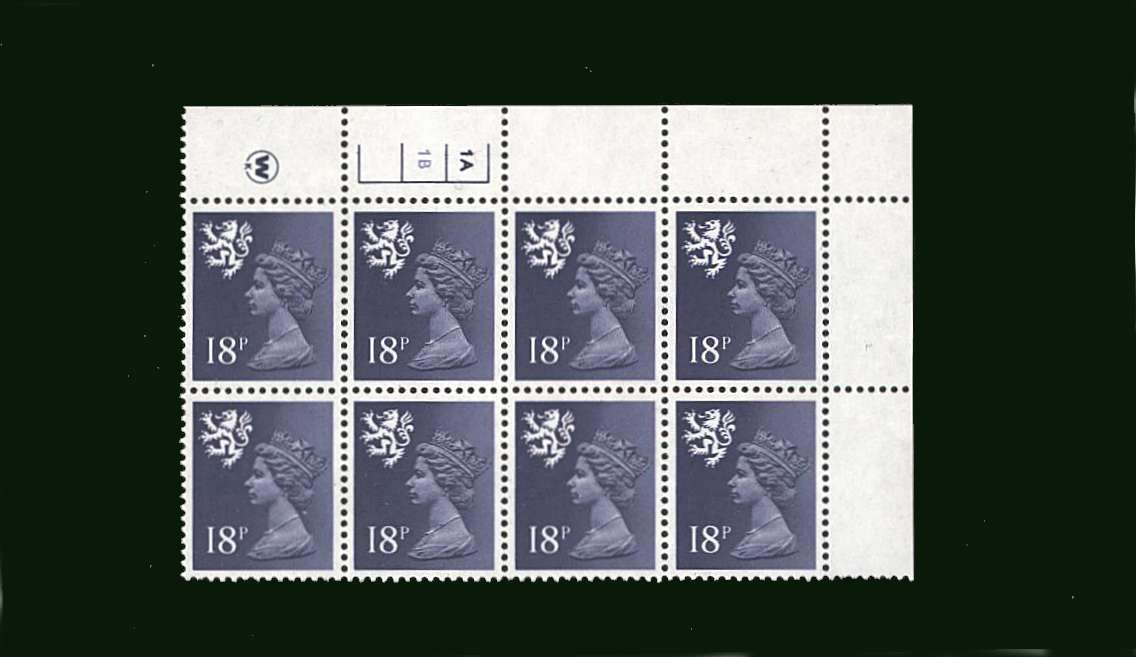 view larger image for SG S44 (1981) - 18p Deep Violet<br/>in a superb unmounted mint cylinder block of six showing Cylinder 1A NO DOT 1B NO DOT