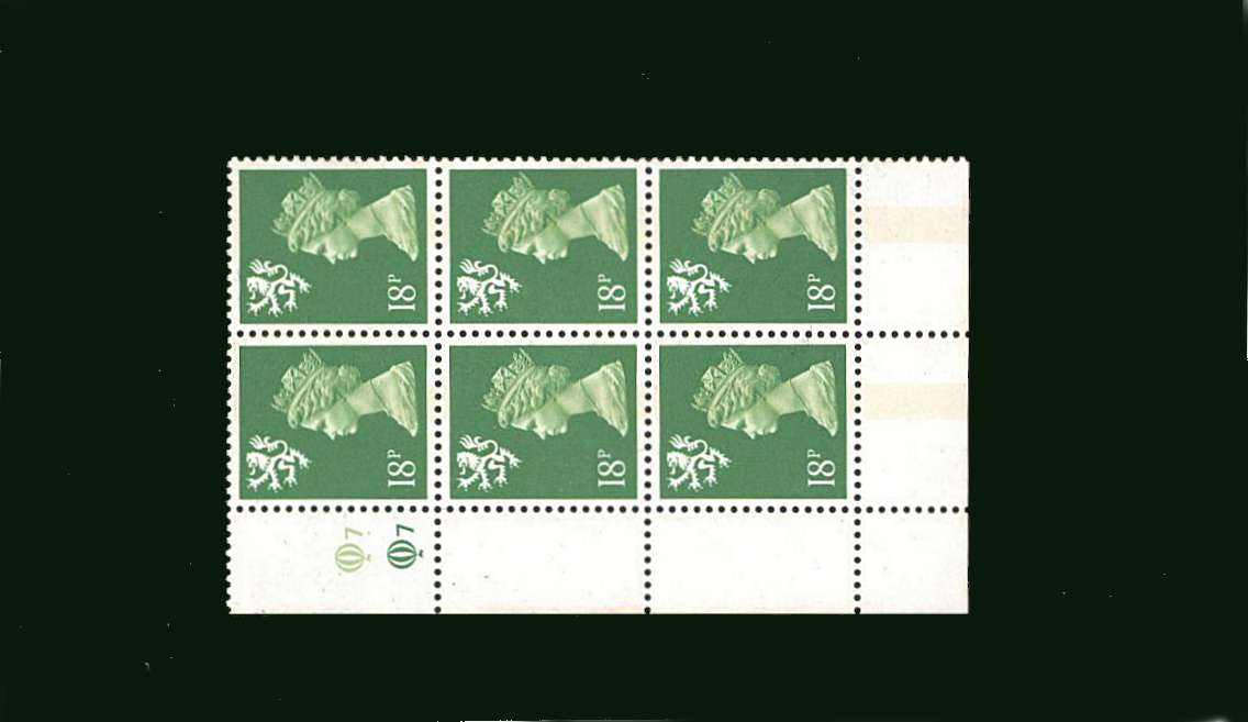 view larger image for SG S60 (1991) - 18p Bright Green - Centre Band<br/>in a superb unmounted mint cylinder block of six showing Cylinder Q7 Q7