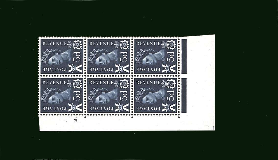 view larger image for SG S11 (1968) - 5d Royal Blue<br/>in a superb unmounted mint cylinder block of six showing Cylinder 2 DOT