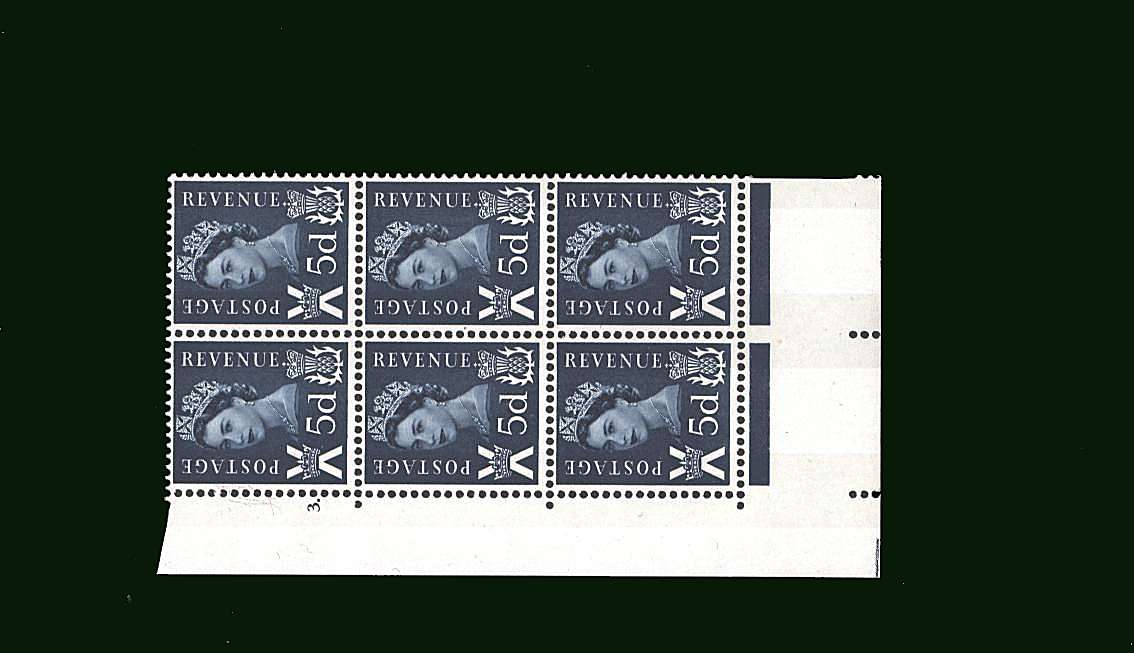 view larger image for SG S11 (1968) - 5d Royal Blue<br/>in a superb unmounted mint cylinder block of six showing Cylinder 3 DOT