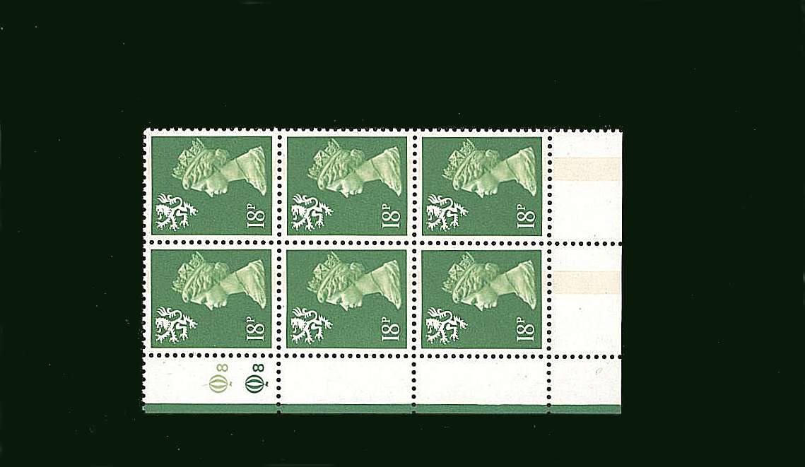 view larger image for SG S60 (1991) - 18p Bright Green - Centre Band<br/>in a superb unmounted mint cylinder block of six showing Cylinder Q8 Q8