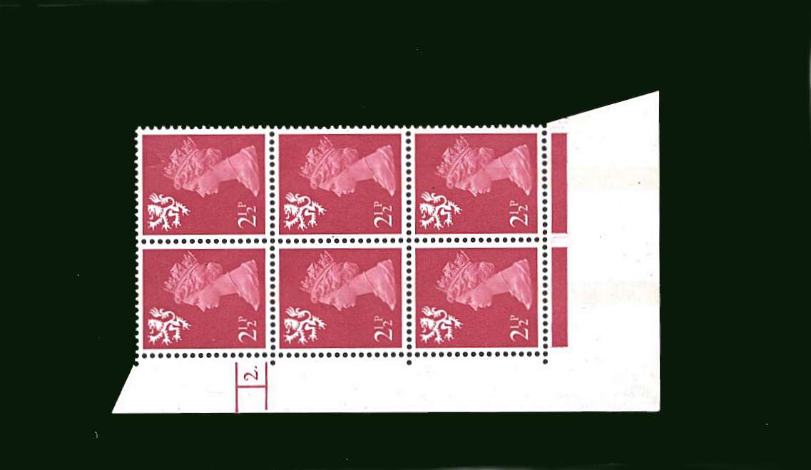 view larger image for SG S14 (1971) - 2½d Bright Magenta - PVA Gum<br/> in a superb unmounted mint cylinder block of six showing Cylinder 2 DOT PHOS 5