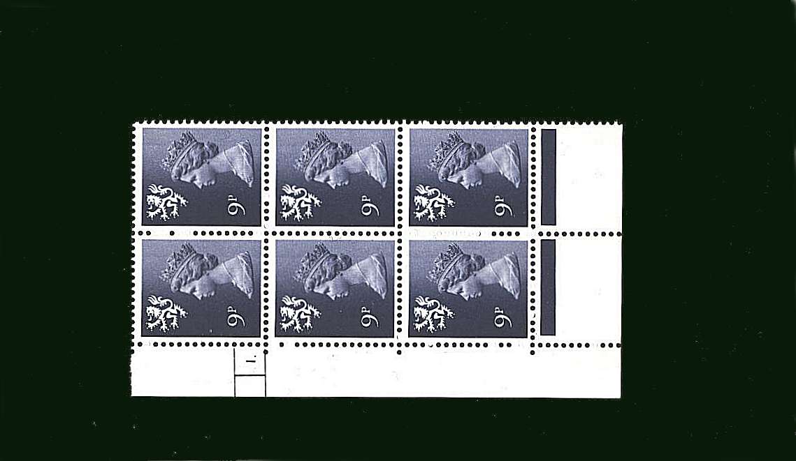 view larger image for SG S28 (1978) - 9p Violet<br/> in a superb unmounted mint cylinder block of six showing Cylinder 1 DOT