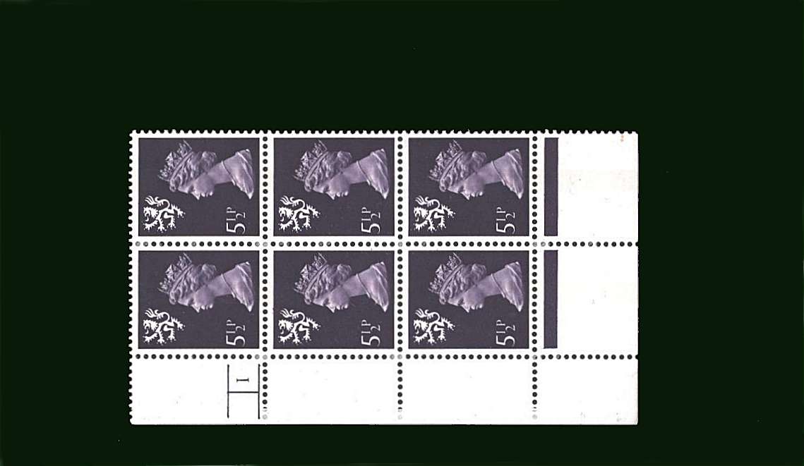 view larger image for SG S22 (1975) - 5½p Violet - Centre Band<br/> in a superb unmounted mint cylinder block of six showing Cylinder 1 NO DOT
