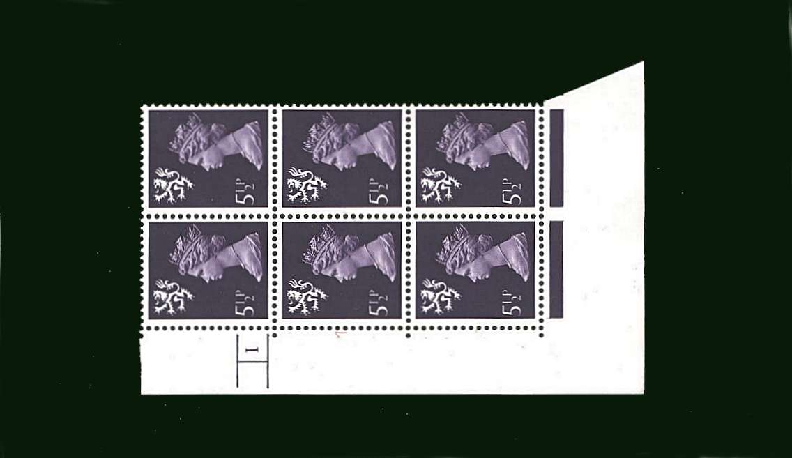 view larger image for SG S21 (1974) - 5½p Violet - 2 Bands<br/> in a superb unmounted mint cylinder block of six showing Cylinder 1 NO DOT