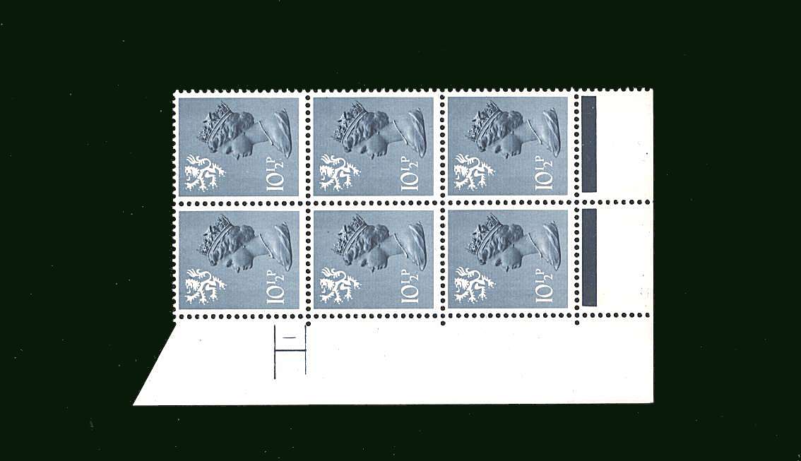view larger image for SG S31 (1978) - 10½p Steel-Blue<br/> in a superb unmounted mint cylinder block of six showing Cylinder 1 NO DOT