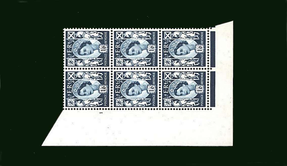 view larger image for SG S13 (1968) - 1/6d Grey-Blue<br/> in a superb unmounted mint cylinder block of six showing Cylinder 1 NO DOT