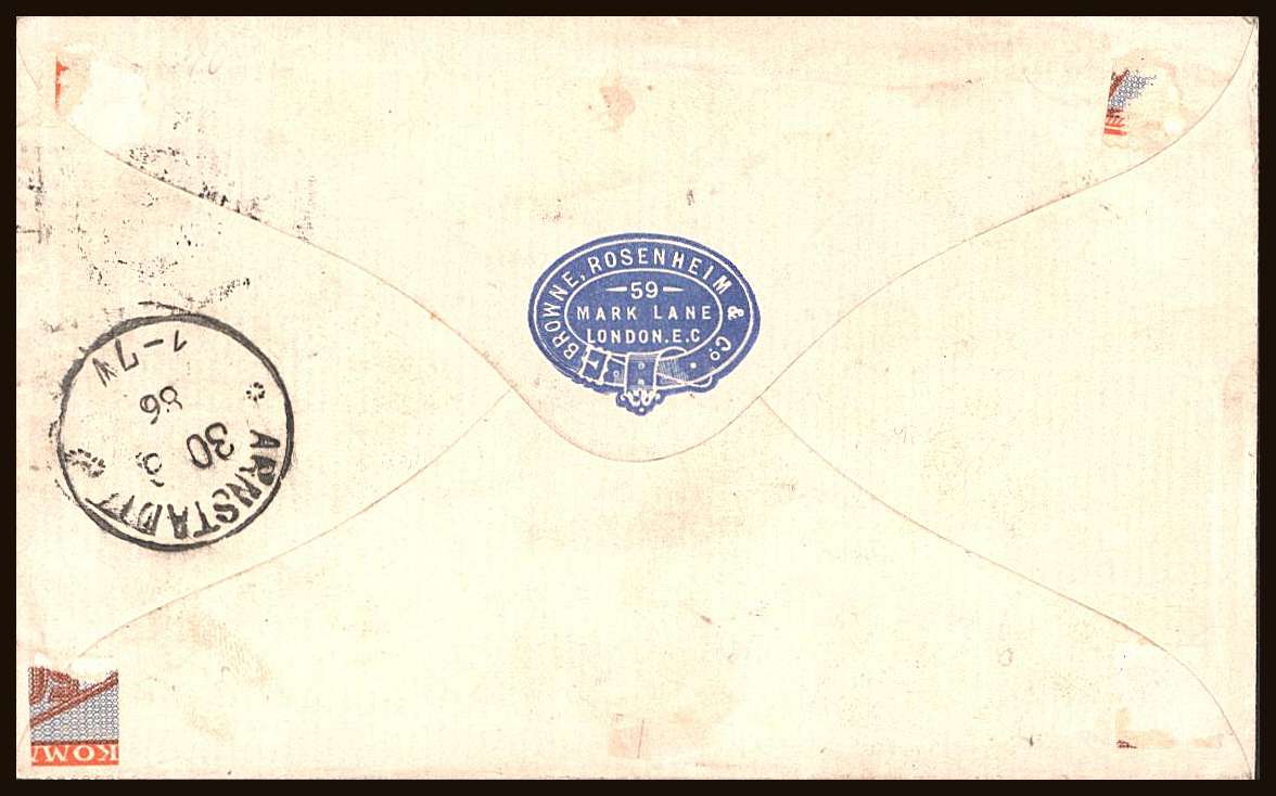view larger back view of image for Browne, Rosenheim & Co.: 2½d. lake with blue collar on 28 JU 1886 envelope to Germany, cancelled by London CDS with Annstadt arrival 30 JU 1886 on the reverse. A rare and pretty envelope!
<br/><b>QQV</b>