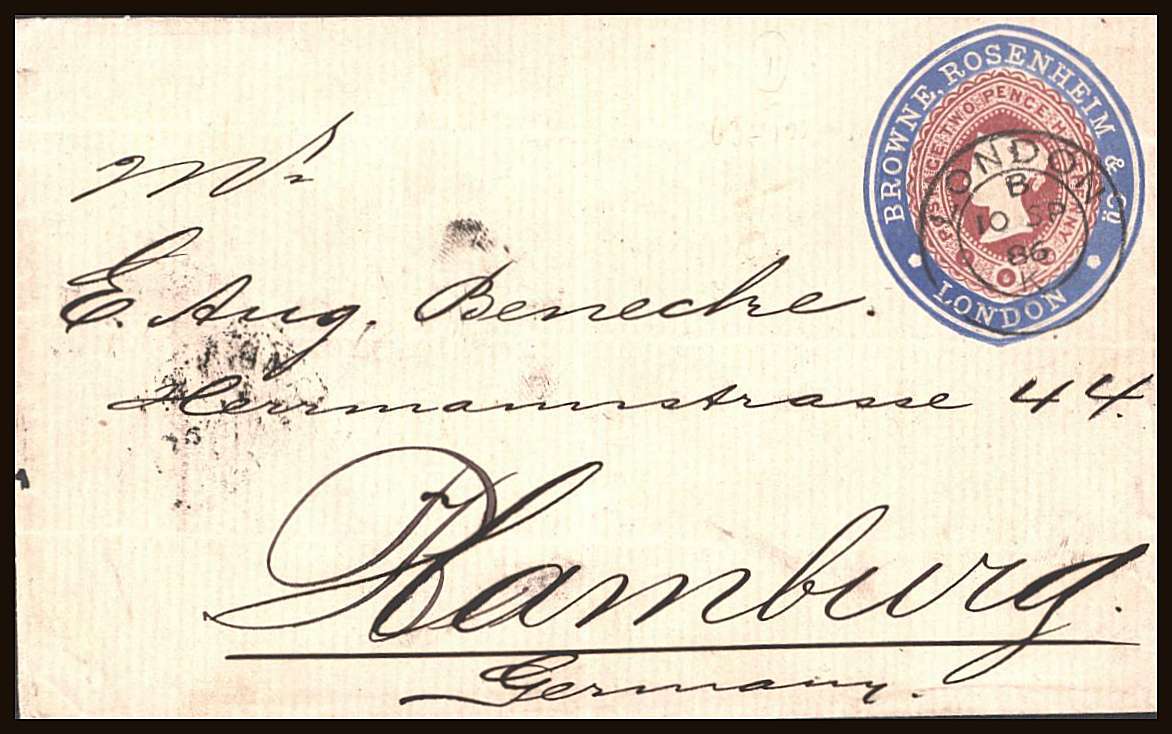 view larger front view of image for Browne, Rosenheim & Co.: 2½d. lake with blue collar on 10 SP 1886 envelope to Germany, cancelled by London double ring CDS with Hamburg arrival 11 / 9 86 on the reverse. A central vertical unobtrusive filing crease. Rare and pretty!
<br/><b>QQV</b>