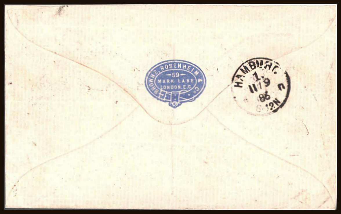 view larger back view of image for Browne, Rosenheim & Co.: 2½d. lake with blue collar on 10 SP 1886 envelope to Germany, cancelled by London double ring CDS with Hamburg arrival 11 / 9 86 on the reverse. A central vertical unobtrusive filing crease. Rare and pretty!
<br/><b>QQV</b>