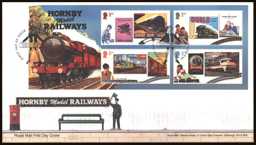 view larger back view image for Hornby Model Railways minisheet on an unaddressed official Royal Mail FDC cancelled with the official alternative FDI cancel for LIVERPOOL dated 19-2-2026