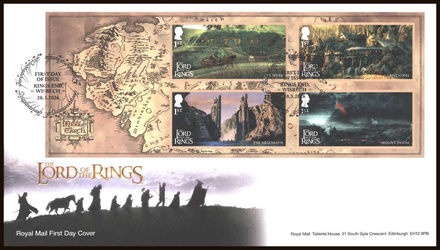 view larger back view image for Lord of the Rings minisheet on an unaddressed official Royal Mail FDC cancelled with the official alternative FDI cancel for RINGS END - WISBECH dated 20-3-2026