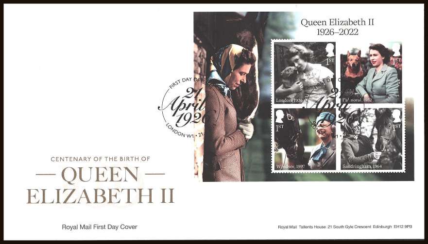 view larger back view image for Birth of Queen Elizabeth II minisheet on an unaddressed official Royal Mail FDC cancelled with the official alternative FDI cancel for LONDON W1 dated 21-4-2026