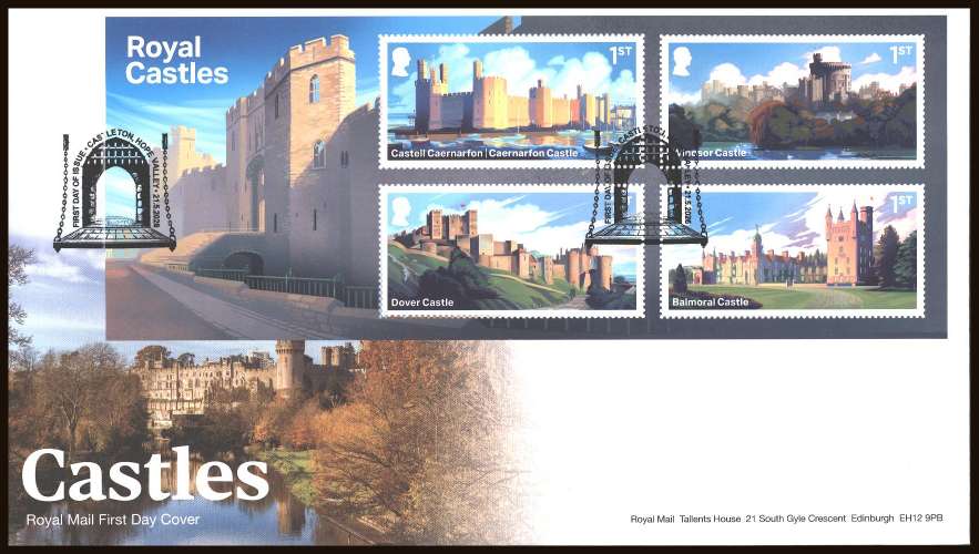 view larger back view image for Castles minisheet on an unaddressed official Royal Mail FDC cancelled with the official alternative FDI cancel for CASTLETON - HOPE VALLEY dated 21-5-26