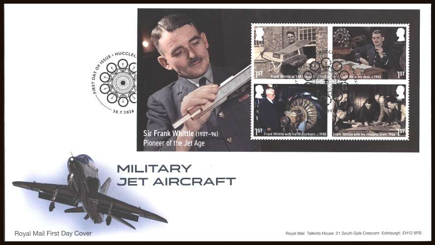 view larger back view image for Military Jet Aircraft minisheet on an unaddressed official Royal Mail FDC cancelled with the official alternative FDI cancel for HUCCLECOTE - GLOUCESTER dated 30-7-2026
