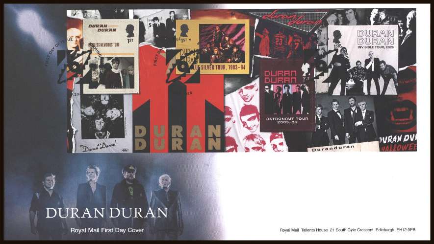view larger back view image for Duran Duran a popular singing group minisheet on an unaddressed official Royal Mail FDC cancelled with the official alternative FDI cancel for BIRMINGHAM dated17-9-2026