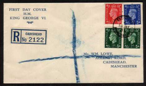 view larger back view image for Illustrated (all words printed at same time) FDC bearing ½d Green, 1d Red and 2½d Ultramarine on a local MANCHESTER registered envelope neatly opened at top.