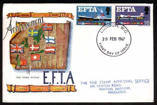 view larger back view image for EFTA (European Free Trade Association) <b>PHOSPHOR</b> set of two on  CONNOISSEUR colour FDC with handstamped address  cancelled with a LONDON WC FDI cancel dated 20 FEB 1967.
