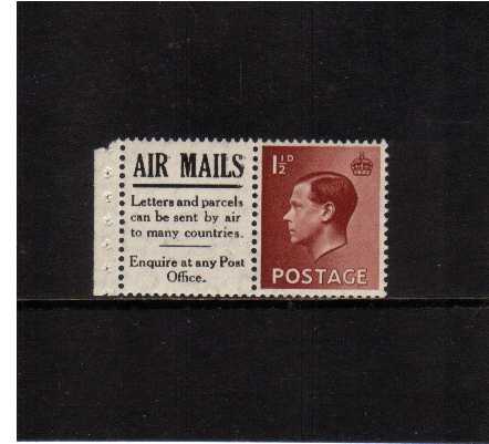 view larger image for SG 459v (1936) - 1½d booklet single with attached advert label for AIR MAILS and margin superb unmounted mint. Complete panes catalogue in the region of £75-95. (ns0407)
