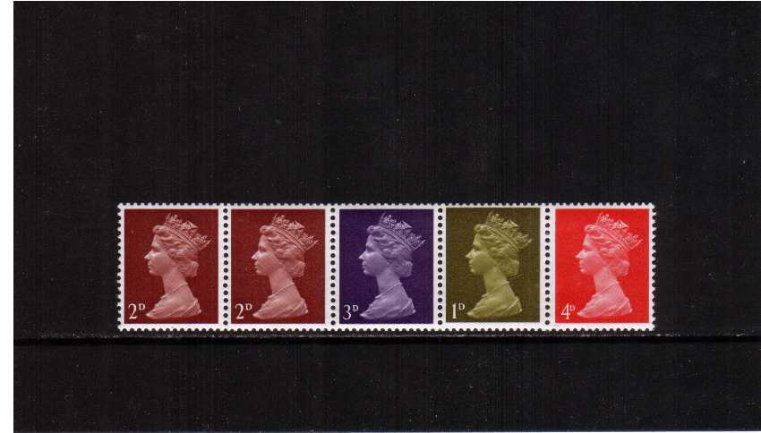 view larger image for SG 725m (27 Aug 1969) - 1/- Pre-Decimal Coil strip of five - 2d 2d 3d 1d 4d