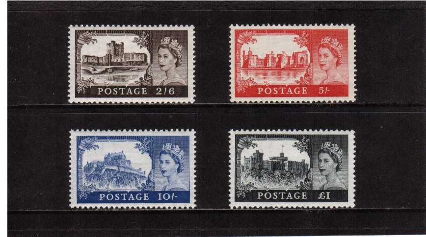 view larger image for SG 536a-539a (1958) - Elizabeth II <br/> 'Castles' by De La Rue <br/>Edward Crown watermark <br/>Definitive set of four