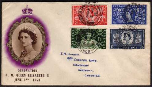 view larger back view image for Coronation set of four on illustrated FDC with cancelled with four NORTHWICH - CHESHIRE CDS's with neat hand written address