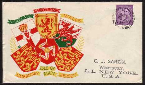 view larger back view image for GUERNSEY - 3d Deep Lilac on a colour printed illustrated envelope with handstamp address cancelled with a double ring CDS for GUERNSEY - ST. PETER PORT CH. IS. dated 18 AU 58 to NEW YORK USA