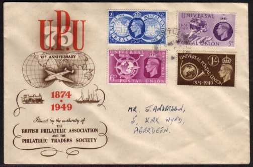 view larger back view image for 75th Anniversary of Universal Postal Union  set of four on an illustrated envelope with slightly indistinct double ring CDS and with hand written address.