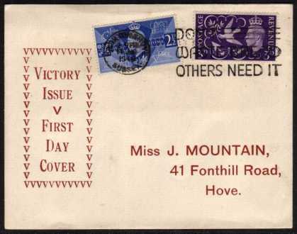 view larger back view image for Victory set of two on the 'Miss Mountain' illustrated FDC cancelled with the famous 'DONT WASTE BREAD' slogan. Seen elsewhere @ £75