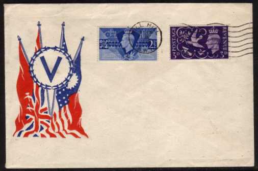view larger back view image for Victory set of two on colour illustrated and UNADDRESSED FDC cancelled with a MILL HILL wavy line