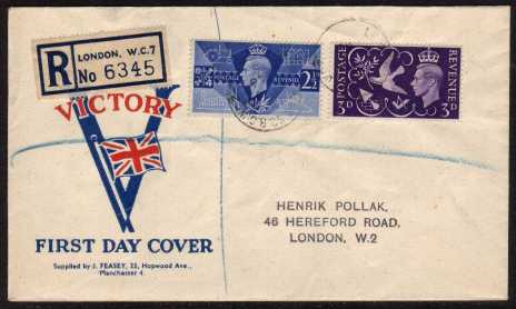 view larger back view image for Victory set of two on colour illustrated Registered FDC printed by 'J. FEASEY' with hand stamped address.