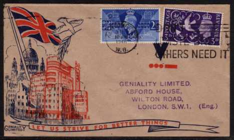 view larger back view image for Victory set of two on illustrated FDC showing Broadcasting House and DONT WASTE BREAD slogan with crisp handstamp address.