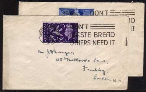 view larger back view image for Victory set of two on match pair of plain, hand addressed FDC's each crisply cancelled with the DONT WASTE BREAD slogan. Odd minor fault