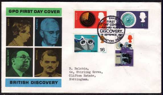 view larger back view image for British Discovery and Invention set of four on official GPO typed address FDC cancelled with the HMS DISCOVERY special cancel dated 19 SEPTEMBER 1967.
