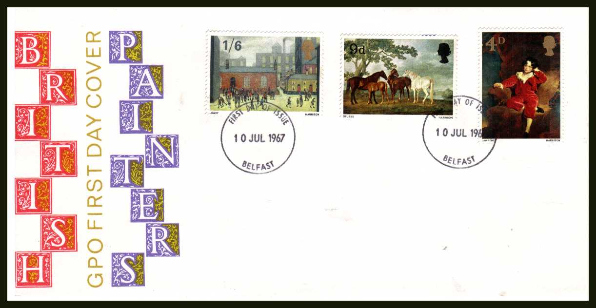 view larger back view image for British Paintings set of three on illustrated official UNADDRESSED GPO colour FDC cancelled with two BELFAST FDI handstamps dated 10 JUL 1967.