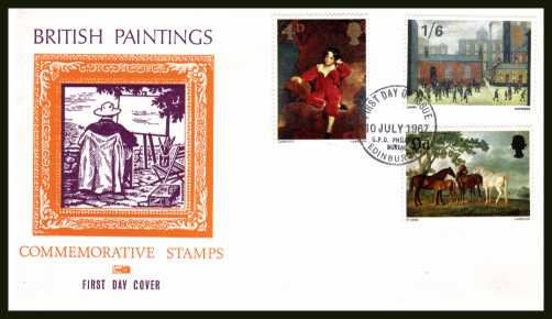 view larger back view image for British Paintings set of three on illustrated unaddressed PHILART colour FDC cancelled with GPO PHILATELIC BUREAU - EDINBURGH handstamp dated 10 JULY 1967
