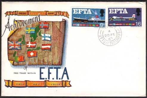 view larger back view image for EFTA (European Free Trade Association) on illustrated UNADDRESSED CONNOISSEUR colour FDC cancelled with UTTOXETER - STAFFS CDS cancel dated 20 FE 67.