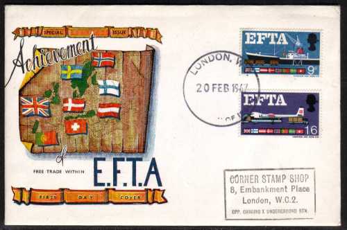 view larger back view image for EFTA (European Free Trade Association) <b>PHOSPHOR </b> on CONNOISSEUR handstamp address on illustrated colour FDC cancelled with  LONDON W.C. handstamp dated 20 FEB 1967.